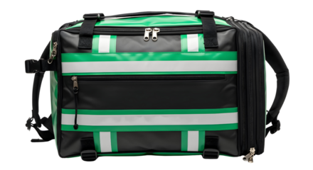 Professional medical first responder bag with green and white reflective stripes and multiple compartments for emergency healthcare equipment use