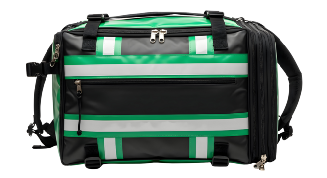 Professional medical first responder bag with green and white reflective stripes and multiple compartments for emergency healthcare equipment use