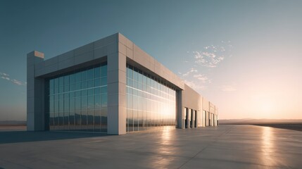Modern Industrial Building with Large Windows: A sleek and contemporary industrial building stands bathed in the warm, golden hues of the setting sun.