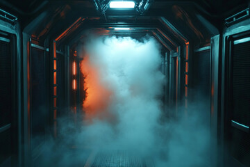 Futuristic tunnel with glowing blue lights and mysterious fog, atmospheric science fiction corridor, generative ai