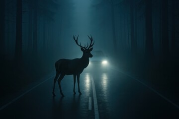 Deer on Foggy Road