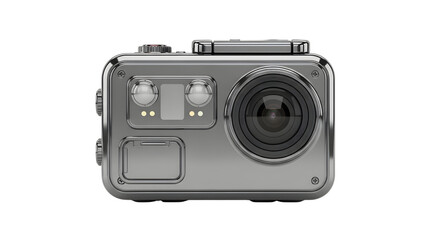Silver action camera with a wide angle lens perfect for adventure photography and extreme sports videography