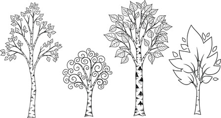 Hand drawn tree silhouettes, black and white nature illustration, forest art design, decorative leaf trees, minimalist botanical sketch, eco background