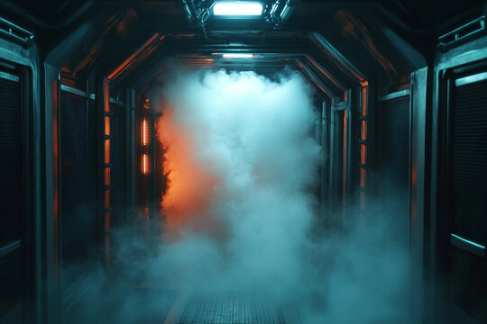 Futuristic tunnel with glowing blue lights and mysterious fog, atmospheric science fiction corridor, generative ai - Powered by Adobe