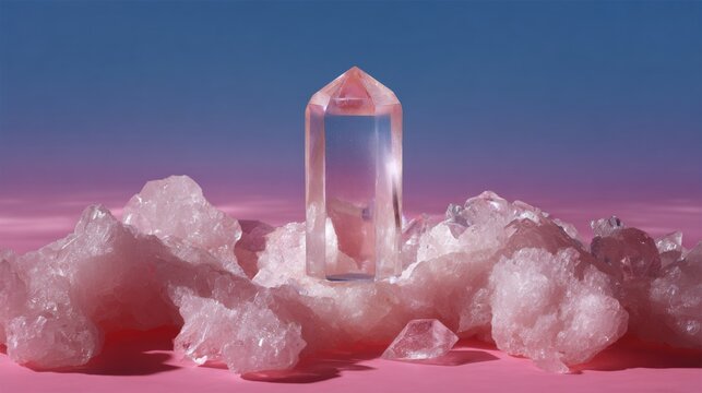 Single crystal point standing on top of a pile of pink crystals. the crystal point is transparent and appears to be made of a clear, crystal-like material. - Powered by Adobe