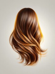Fototapeta premium Luxurious thick wavy woman's hair with brown and copper highlights, vibrant and healthy, against a soft studio white background.