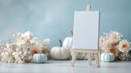 Autumn Artistry: A miniature art easel stands ready, centered amidst a curated composition of decorative pumpkins and delicate floral accents.