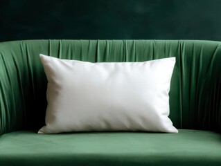 Pillow on green sofa: A single, pristine white pillow rests upon a luxurious green sofa, the stark contrast between the two creates a visually appealing and clean aesthetic. 