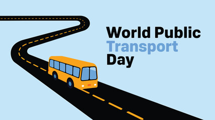 Vector art of world public transport day observed with a yellow bus driving on a winding road, emphasizing the importance of public transit for daily commutes and urban connectivity