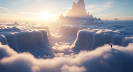 Solo figure above cloudscape sunset.