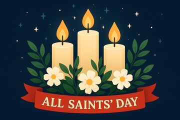 Catholic holiday graphic – floral wreath and burning candles celebrating All Saints Day with warm light and space for text