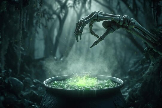 A skeleton's hand throws a spider into a cauldron of potion