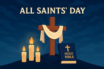 Faith and hope design – stylized cross, drapery, and Bible symbolizing the solemnity of All Saints Day
