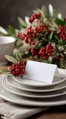 a christmas themed table setting with a blank tent place card on a small plate