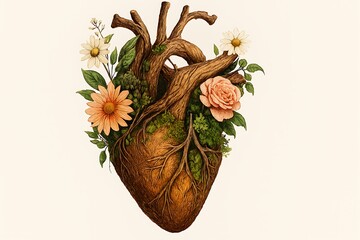 Anatomical heart with flowers and greenery artistic illustration