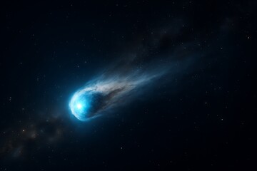 Bright blue glowing comet with a long tail in deep space