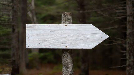 Direction Pointer in the Woods: A weathered, blank direction pointer set against a blurry backdrop of a serene woodland