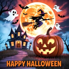 Spooky halloween scene with haunted house witch pumpkin ghosts and full moon