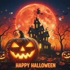 Spooky halloween scene with jack o lanterns haunted house and full moon