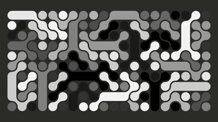 This black and white vector illustration features a dynamic pattern of interlocking rounded elements and lines, reminiscent of both a labyrinth and a mosaic.