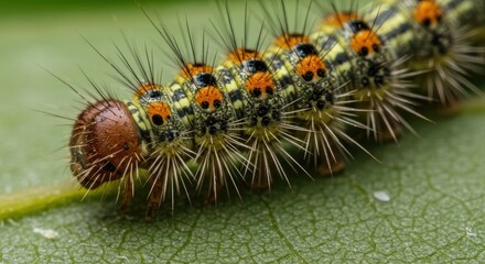 Fototapeta premium Detailed close-up showcasing vibrant caterpillar resting on green leaf in natural habitat creating a striking contrast