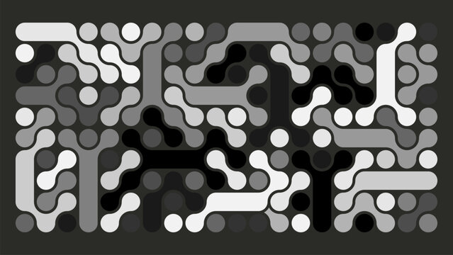 This black and white vector illustration features a dynamic pattern of interlocking rounded elements and lines, reminiscent of both a labyrinth and a mosaic.