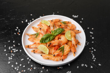 Shrimp with herbs and coarse salt on black surface for cooking background or seafood concept