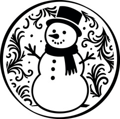 Winter holidays laser cut circle coaster template with snowman ornaments. Cnc cutting with metal, wood, glass, engraving. Christmas decor. Vector round design
