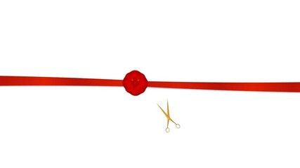 Gold scissors cutting red ribbon animation with flower decoration on white background and green screen. 4K animated scissors cutting ribbon for grand opening, business ceremony, and corporate event.