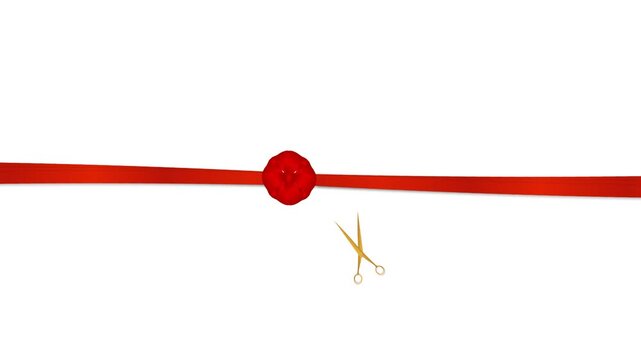 Gold scissors cutting red ribbon animation with flower decoration on white background and green screen. 4K animated scissors cutting ribbon for grand opening, business ceremony, and corporate event.
