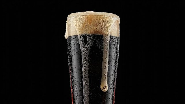 A visually rich, dark beverage is presented in a close-up shot, featuring a luxurious, thick head of creamy foam that dramatically overflows the rim of a condensation-covered glass. Against a stark bl