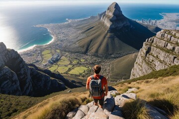 Fototapeta premium Wanderer auf dem Tafelberg mit atemberaubendem Blick auf Kapstadt und die Küste