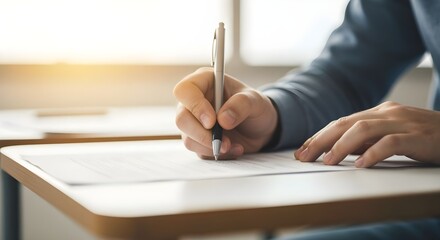 Student Hand Writing on Paper in Classroom with Warm Light — Education and Learning Concept.