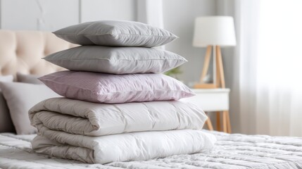 Serene Bedding: A stack of pillows and blankets on a well-made bed, evoking a sense of calm and comfort.