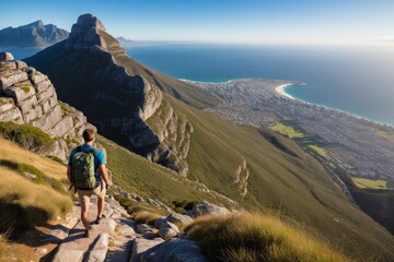 Fototapeta premium Wanderer auf dem Tafelberg mit atemberaubendem Blick auf Kapstadt und die Küste