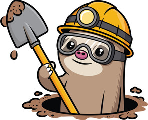Cute cartoon mole character digging, construction helmet design, funny animal worker illustration, underground digging concept, adorable mascot vector art