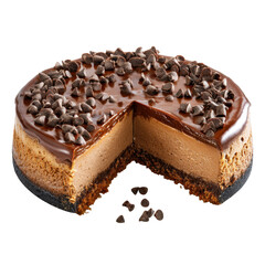 Delicious chocolate cheesecake with a rich topping and creamy texture served on a white background isolated on transparent background