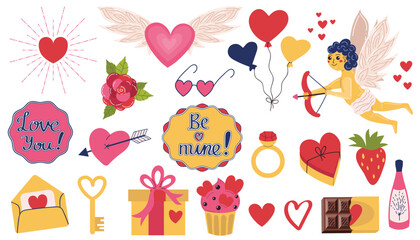 A set of Valentine's Day elements with hearts and Cupid, gift boxes and a rose, balloons and a ring, chocolate and champagne. Stickers - love you and be mine. Set of symbols of holiday and love.