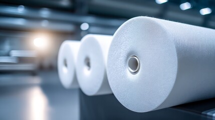 An industrial shot showcasing immaculate rolls of textile material, highlighting the fabric's smooth texture and the scale of manufacturing process.