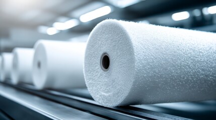 Production rolls in factory: a line of large, pristine rolls of processed material, meticulously aligned and ready for the next stage in the industrial process.