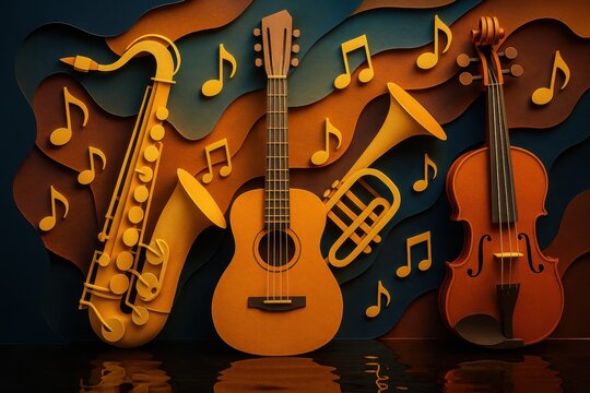 Jazz concert poster features a layered paper cut art style composition of saxophone, guitar, trumpet, and violin notes on a vibrant abstract background