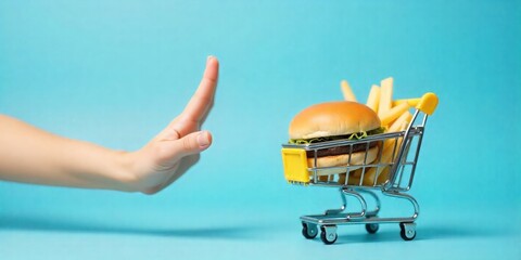 A hand making a stop gesture towards a small shopping cart with a hamburger and french fries, symbolizing the rejection of fast food for a healthier lifestyle and diet