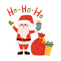 Joyful Santa Claus saying ho-ho-ho, holding a gift and a sack of presents in bright flat cartoon style. Cheerful Christmas illustration for holiday greeting, print, card or winter decoration.
