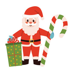 Cheerful Santa Claus with beard, mustache and red cap holds huge candy cane and gift. Cute Christmas character in flat cartoon style, perfect for holiday greeting, print, or festive decoration.