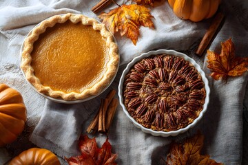 Homemade pumpkin pie and pecan pie on rustic table with autumn leaves — traditional Thanksgiving dessert and cozy fall atmosphere.