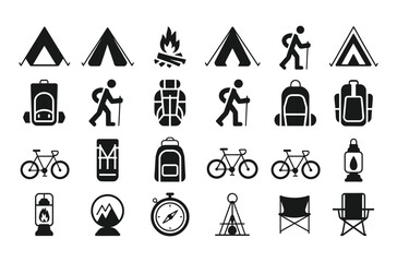 Outdoor adventure camping icons set backpacks tents bicycles campfire compass lantern chair