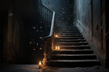 Dimly lit stairway with ornate railing illuminated by scattered candles on steps and landing dusty with floating debris