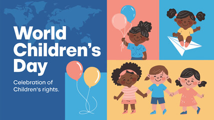 Vector art of world childrens day celebration of childrens rights with diverse kids holding balloons and riding paper airplanes, illustrated with a world map background