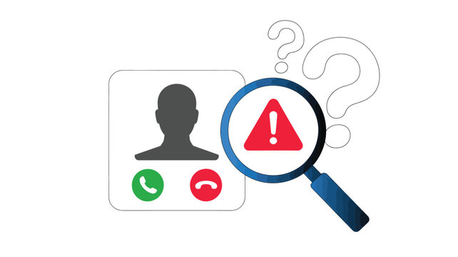 Suspicious caller identification vector illustration magnifying glass with alert symbol identifying unknown or scam call on a mobile device