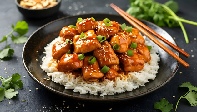 Decorative Plating of Kung Pao Chicken. Traditional Chinese Food